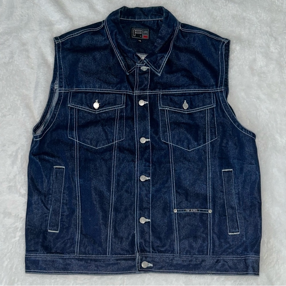 Vtg Y2K Men's Denim Vest with Chinese dragon embroidered on back Dark Blue